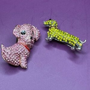 Sparkling Pink and Yellow Dog Brooch Set